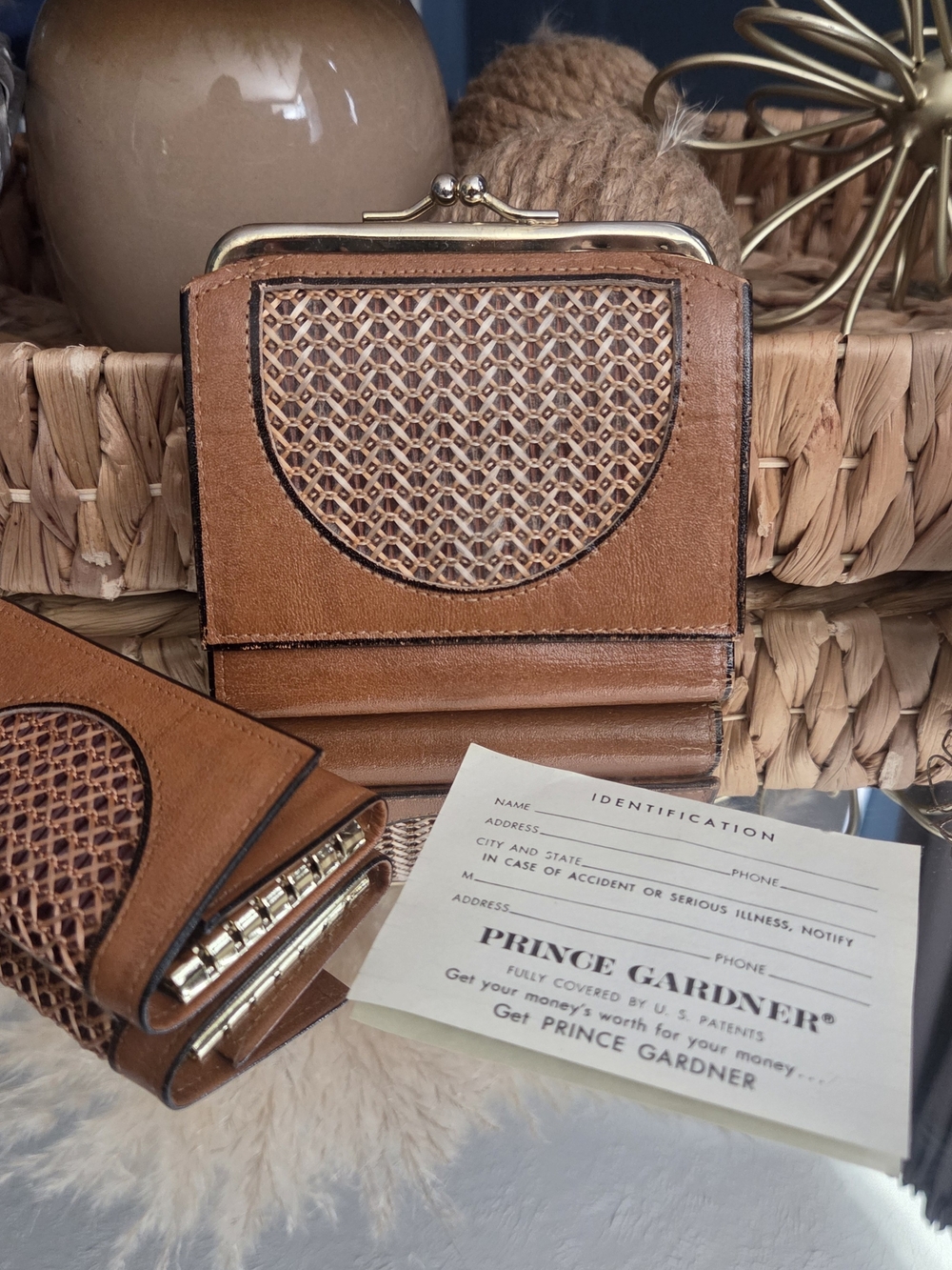 Vintage 1960s Prince Gardner Cowhide Wallet Coin Purse Key Case Woven 2 Pc Set